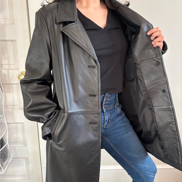 Vintage/Y2K Womens Black Leather Midi Button Up Jacket - Size Large - Picture 5 of 14